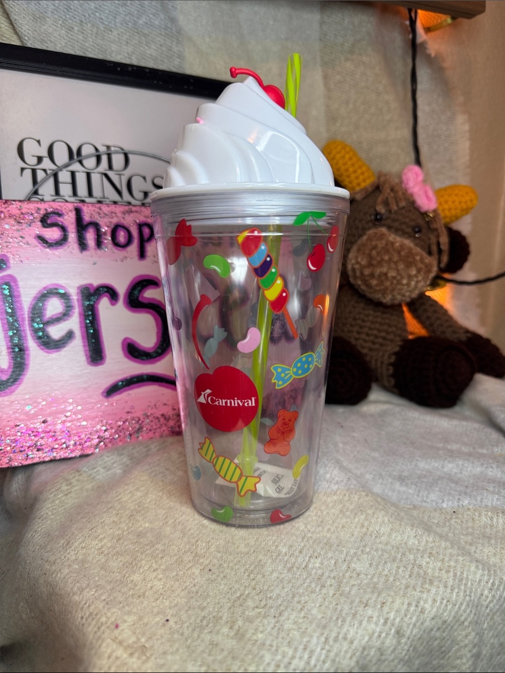 Carnival Clear Candy-Print Tumbler with White Swirl Lid and Pink Accent